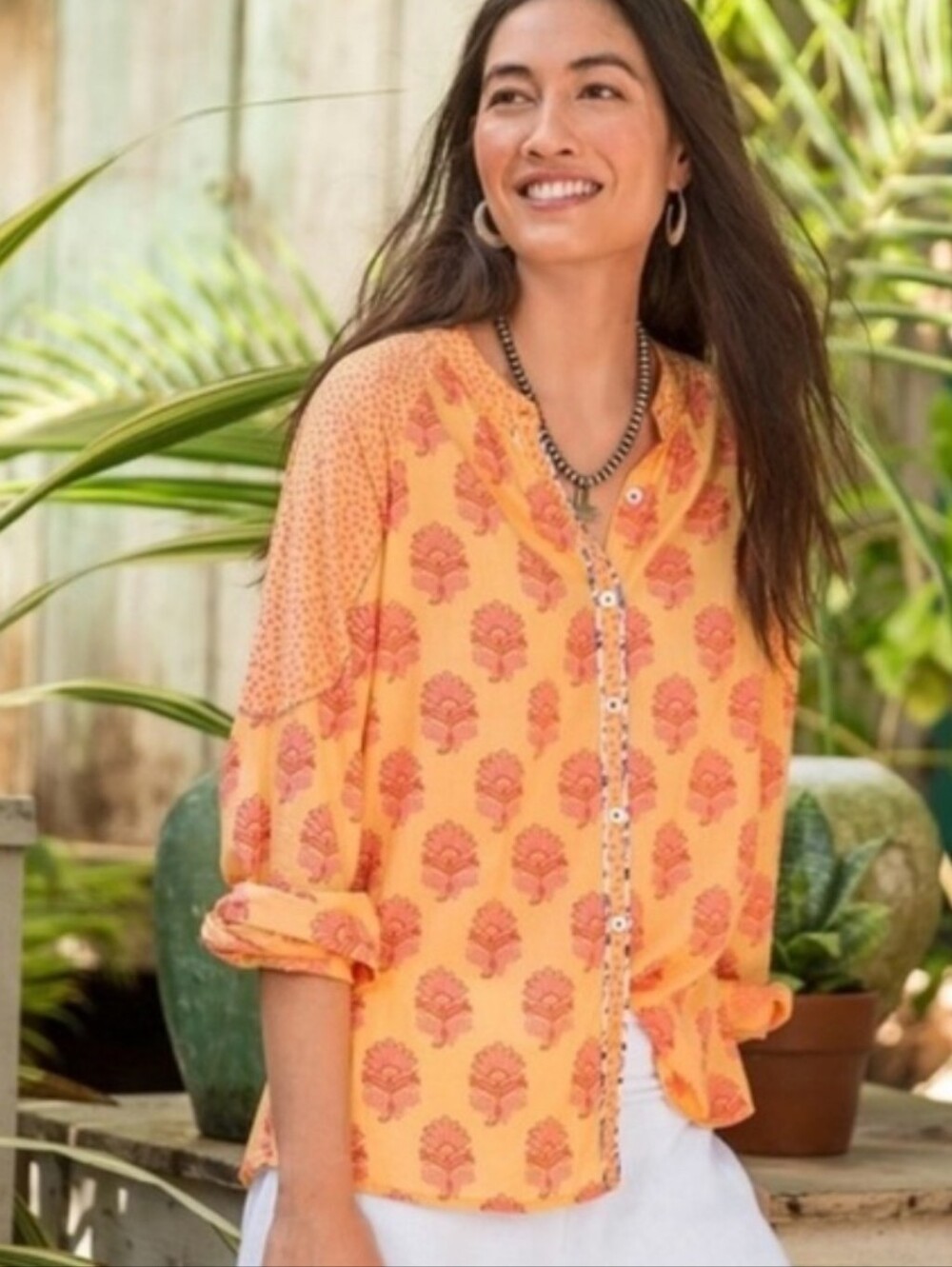 Sundance Rosalie Block Print Blouse Golden Orange Cotton Boho Eclectic India M